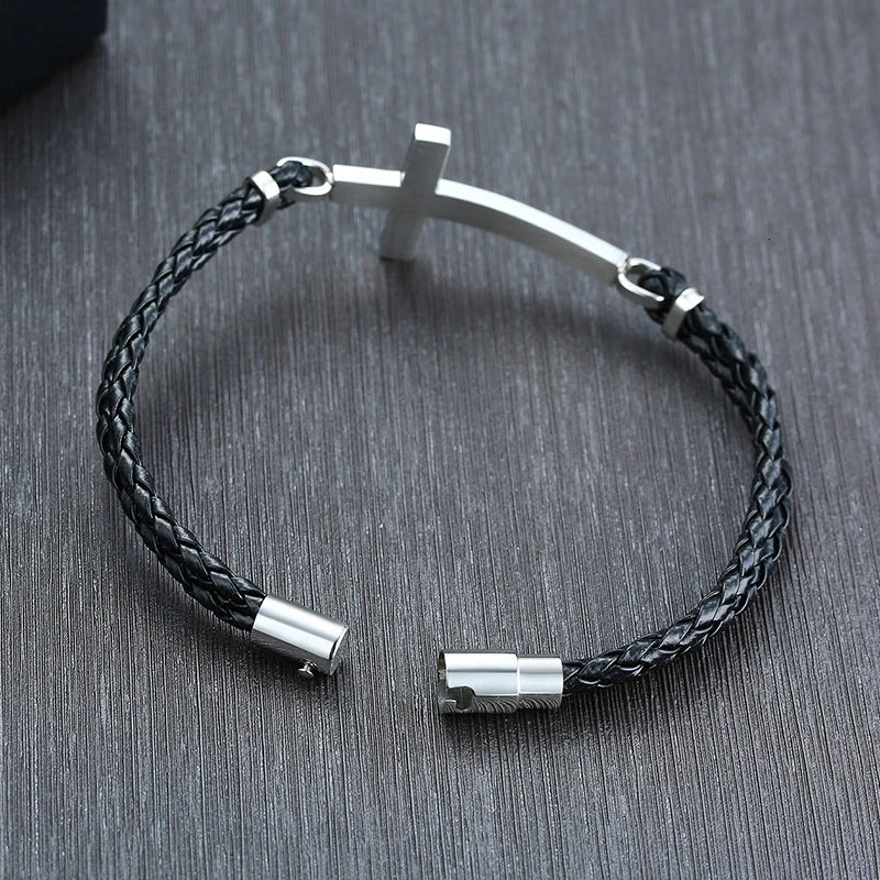 Men Gifts Casual Sideways Cross Charm Black Braided Leather Rope Women Bracelets male Bangles Prayer Gifts Jewelry