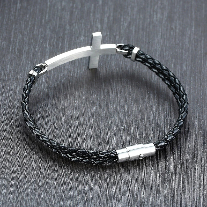 Men Gifts Casual Sideways Cross Charm Black Braided Leather Rope Women Bracelets male Bangles Prayer Gifts Jewelry