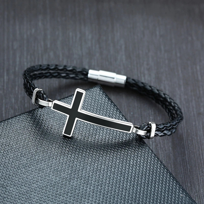 Men Gifts Casual Sideways Cross Charm Black Braided Leather Rope Women Bracelets male Bangles Prayer Gifts Jewelry