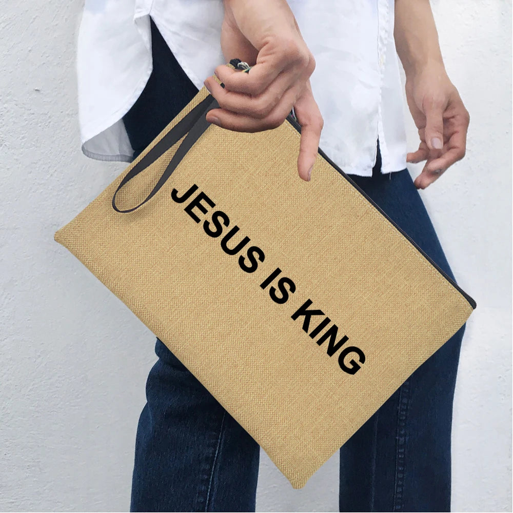 Jesus Is My God King Everything Women Zipper Cosmetic Bags Vintage Harajuku Christian Faith Large Makeup Clutch Handbag Purse