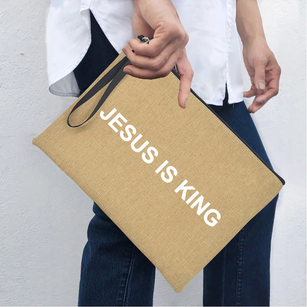 Jesus Is My God King Everything Women Zipper Cosmetic Bags Vintage Harajuku Christian Faith Large Makeup Clutch Handbag Purse