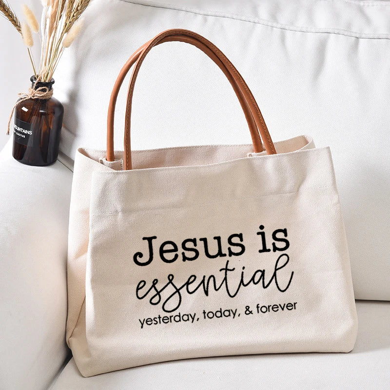 Jesus is Essential Print Canvas Tote Bag Gift for Christian Church Bag Women Lady Beach Bag Shopping Bag Shopper Travel Bag