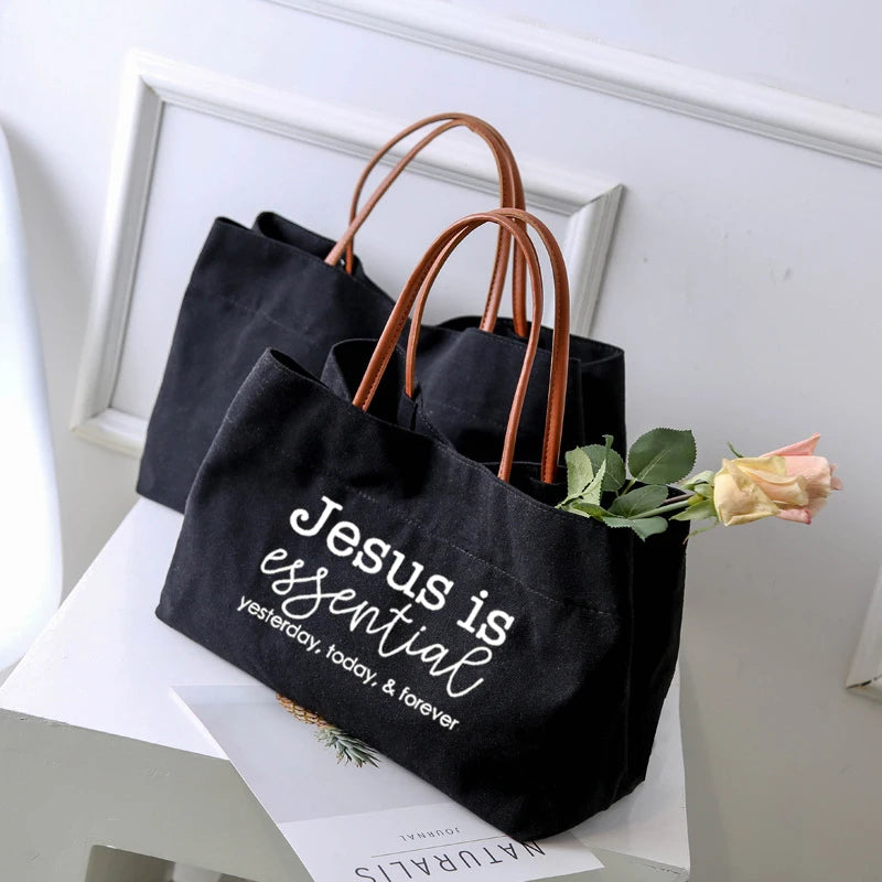 Jesus is Essential Print Canvas Tote Bag Gift for Christian Church Bag Women Lady Beach Bag Shopping Bag Shopper Travel Bag