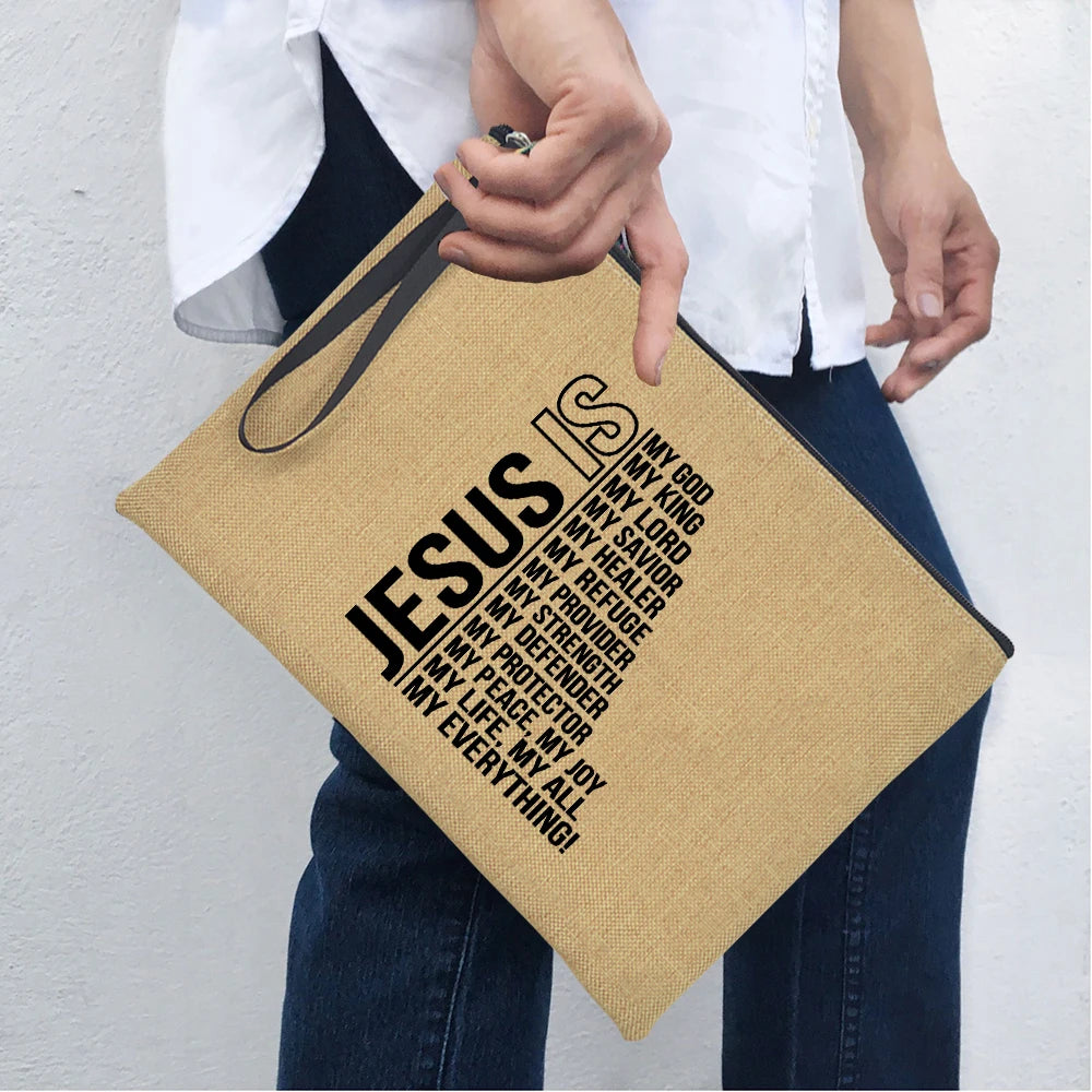 Jesus Is My God King Everything Women Zipper Cosmetic Bags Vintage Harajuku Christian Faith Large Makeup Clutch Handbag Purse