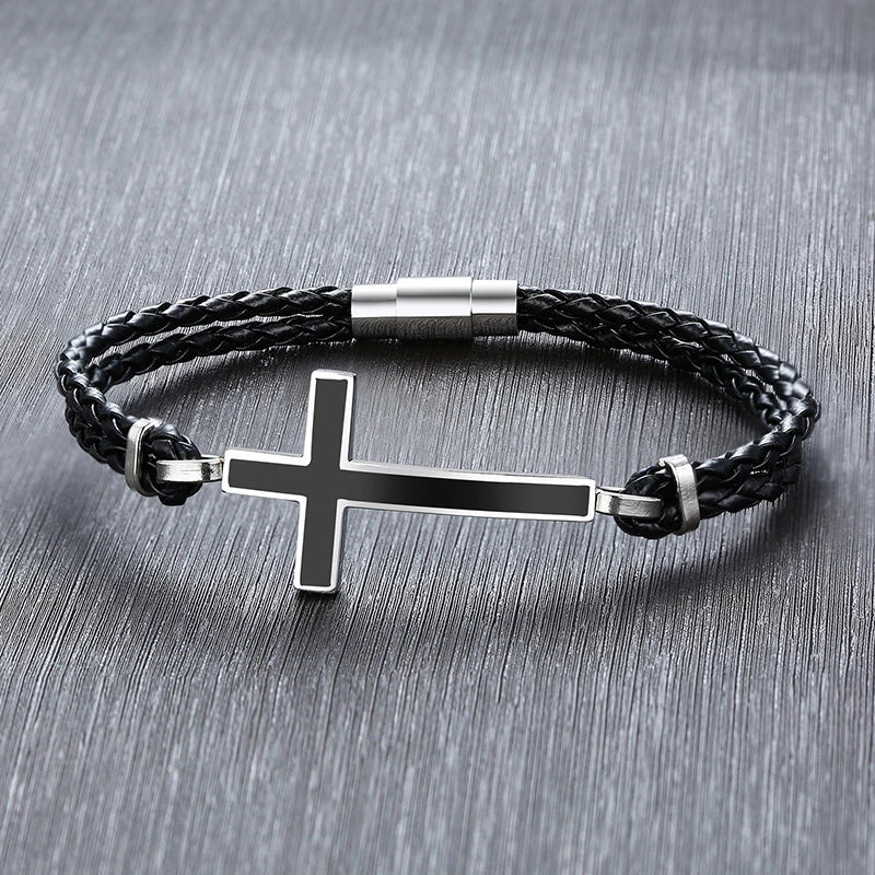 Men Gifts Casual Sideways Cross Charm Black Braided Leather Rope Women Bracelets male Bangles Prayer Gifts Jewelry