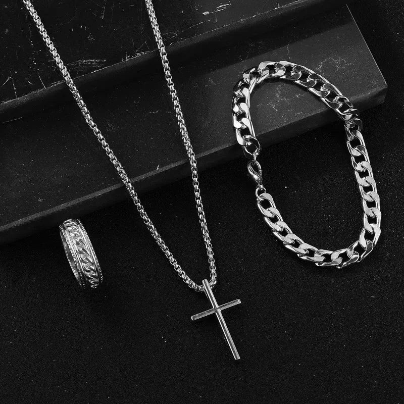 Punk Cross Pendant Necklace Bracelet Chain Ring Men's Set Simple Personality Hip Hop Party Three Piece Jewelry Accessories