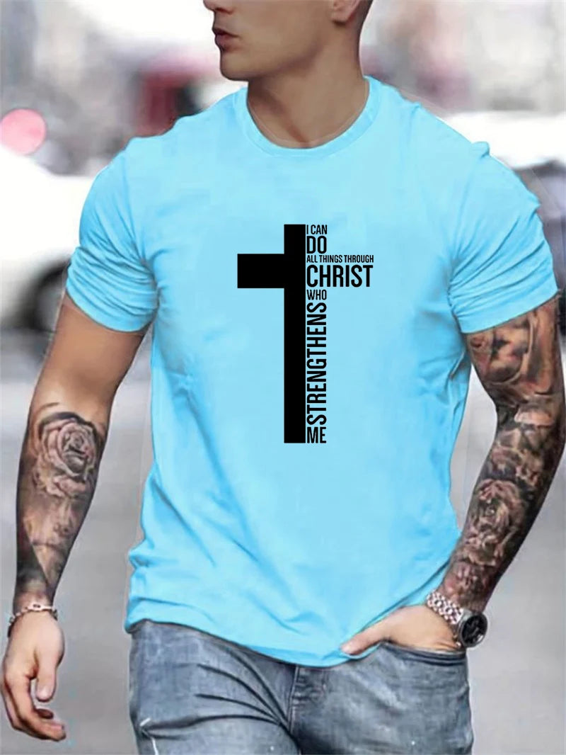 Men's 100% Cotton T-Shirt, Graphic Cross Print, Tall, Oversized, Casual, Round Neck, Short Sleeve