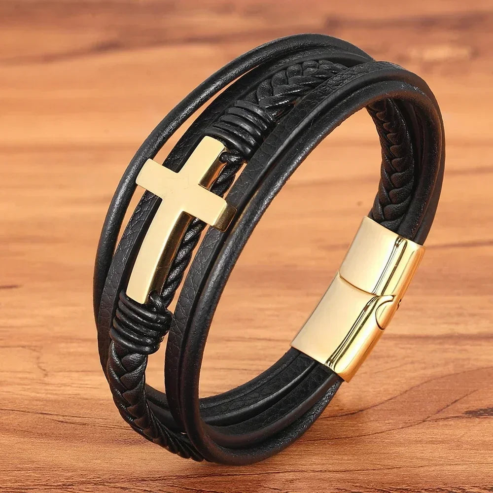 Luxury Multicolor Cross Design Classic Stainless Steel Men's Leather Bracelet 19/21/23cm Choose Handsome Gifts