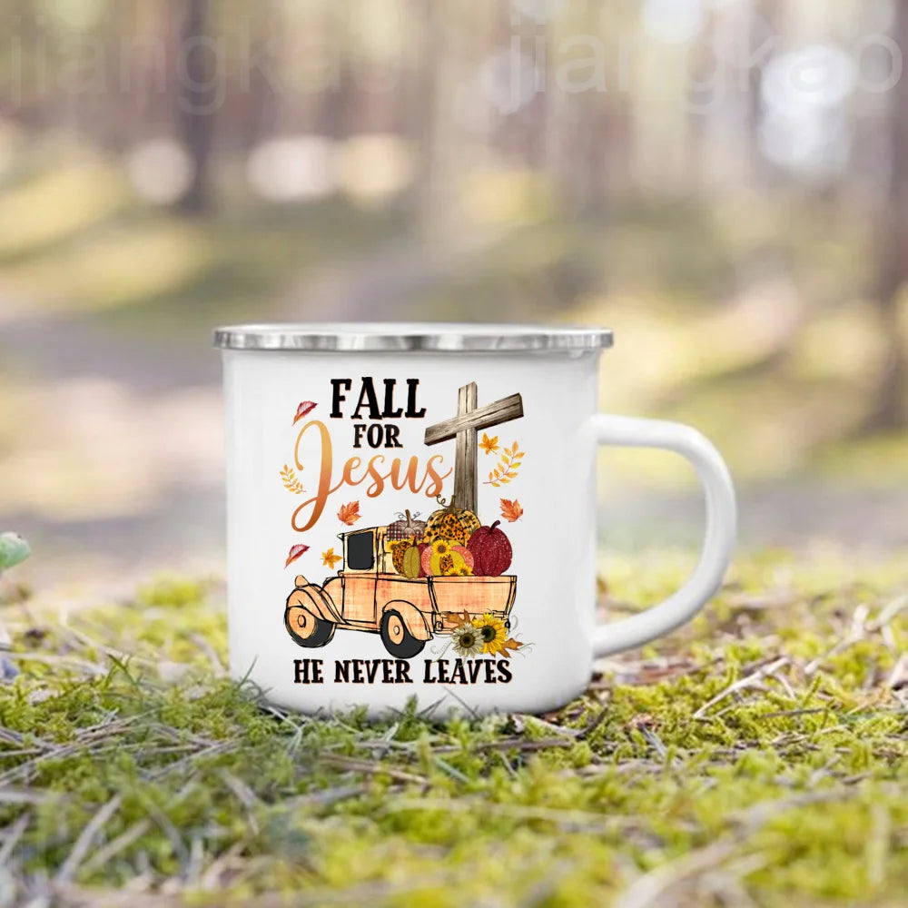 Pumpkin Spice Jesus Christ Print Enamel Mug Thanksgiving Camping Mug Gift for Family  Friends Autumn Home Decor Fall Coffee Cup