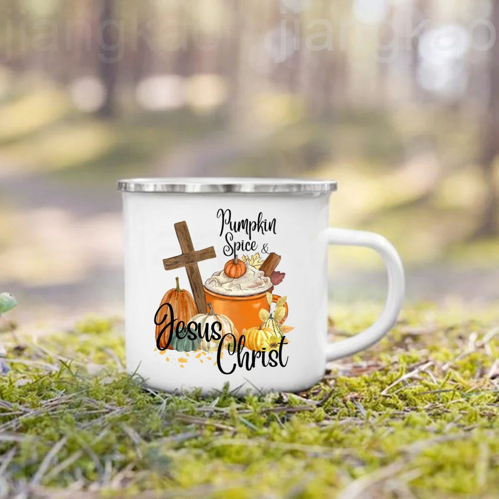 Pumpkin Spice Jesus Christ Print Enamel Mug Thanksgiving Camping Mug Gift for Family  Friends Autumn Home Decor Fall Coffee Cup