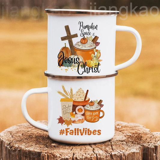 Pumpkin Spice Jesus Christ Print Enamel Mug Thanksgiving Camping Mug Gift for Family  Friends Autumn Home Decor Fall Coffee Cup