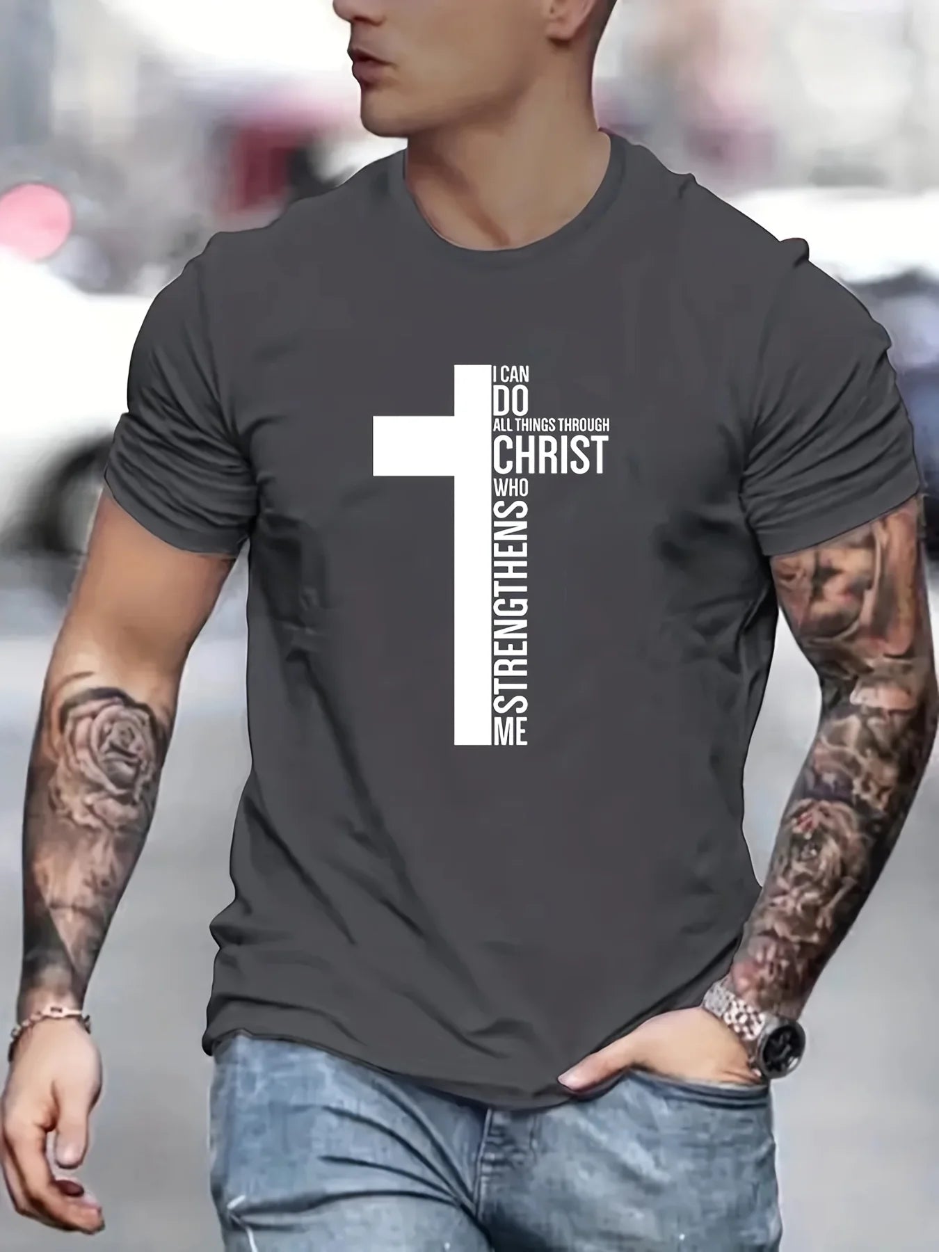 Men's 100% Cotton T-Shirt, Graphic Cross Print, Tall, Oversized, Casual, Round Neck, Short Sleeve