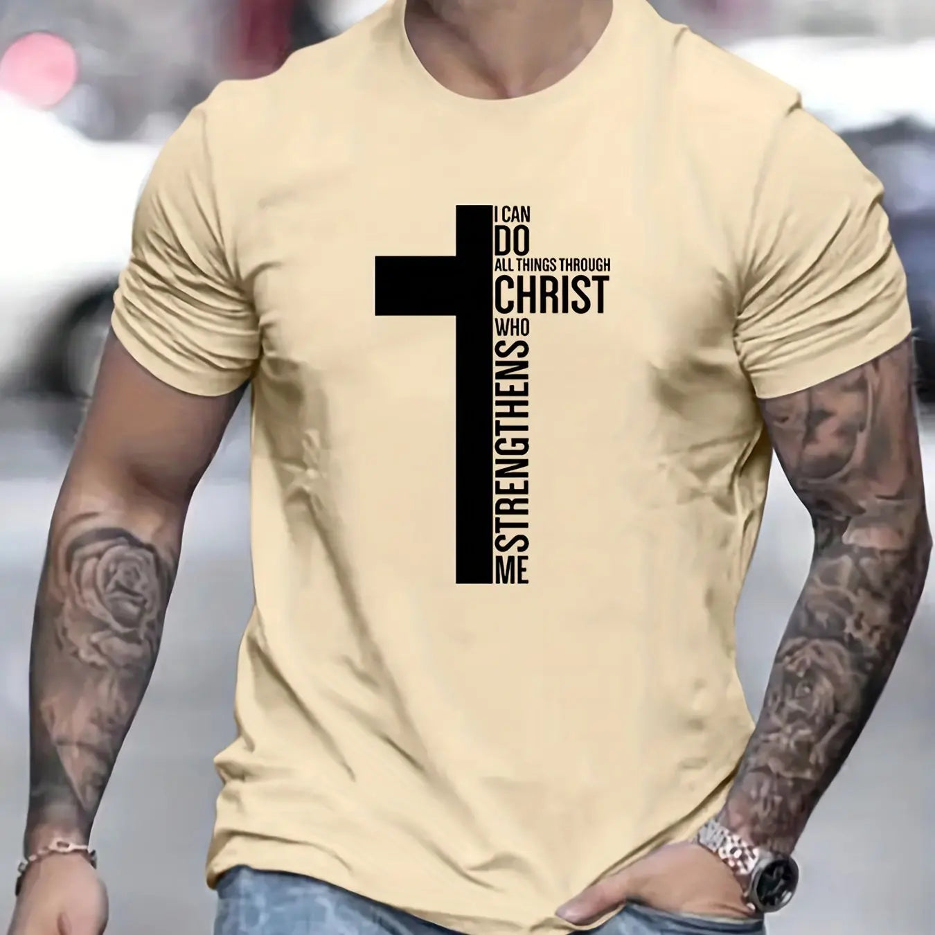 Men's 100% Cotton T-Shirt, Graphic Cross Print, Tall, Oversized, Casual, Round Neck, Short Sleeve