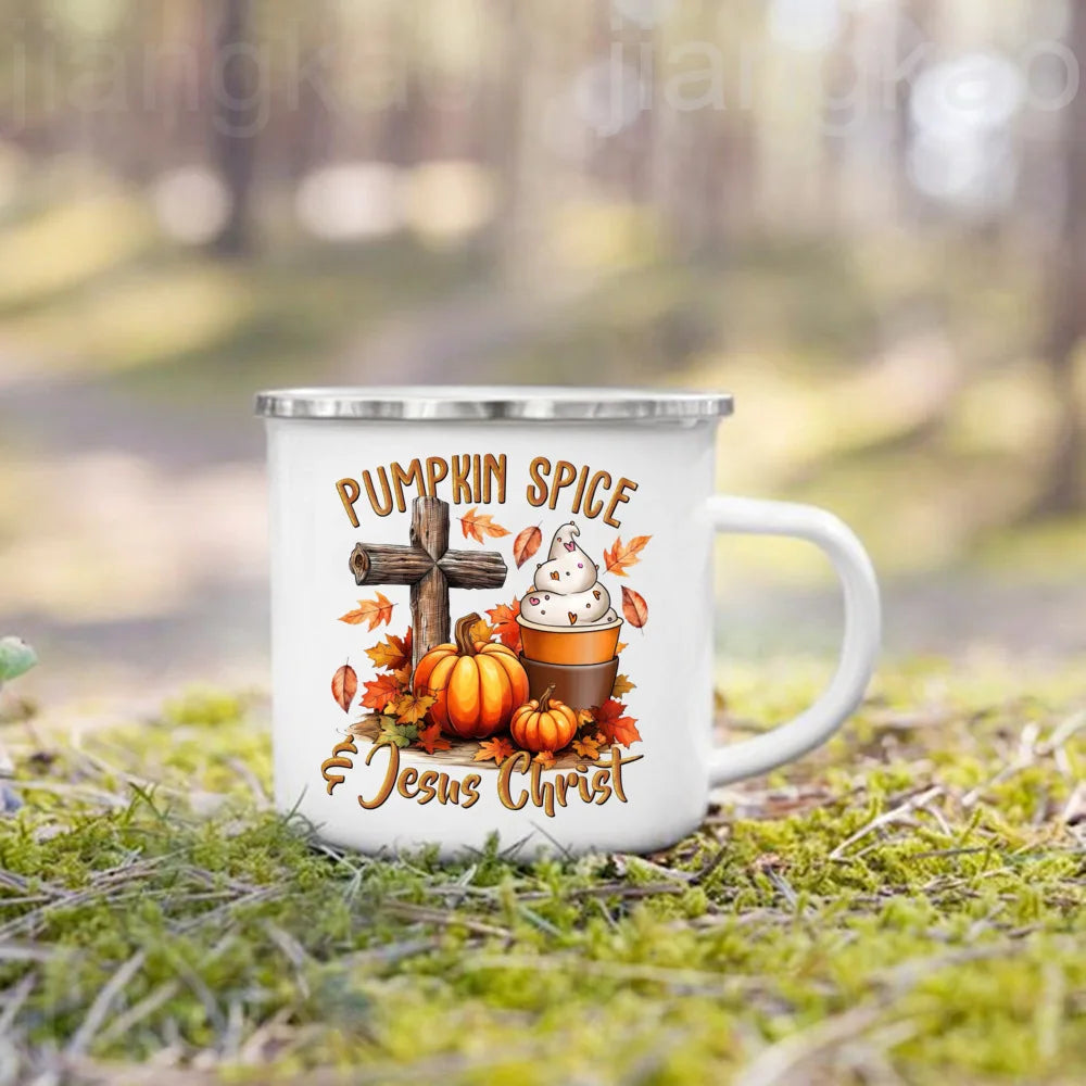 Pumpkin Spice Jesus Christ Print Enamel Mug Thanksgiving Camping Mug Gift for Family  Friends Autumn Home Decor Fall Coffee Cup