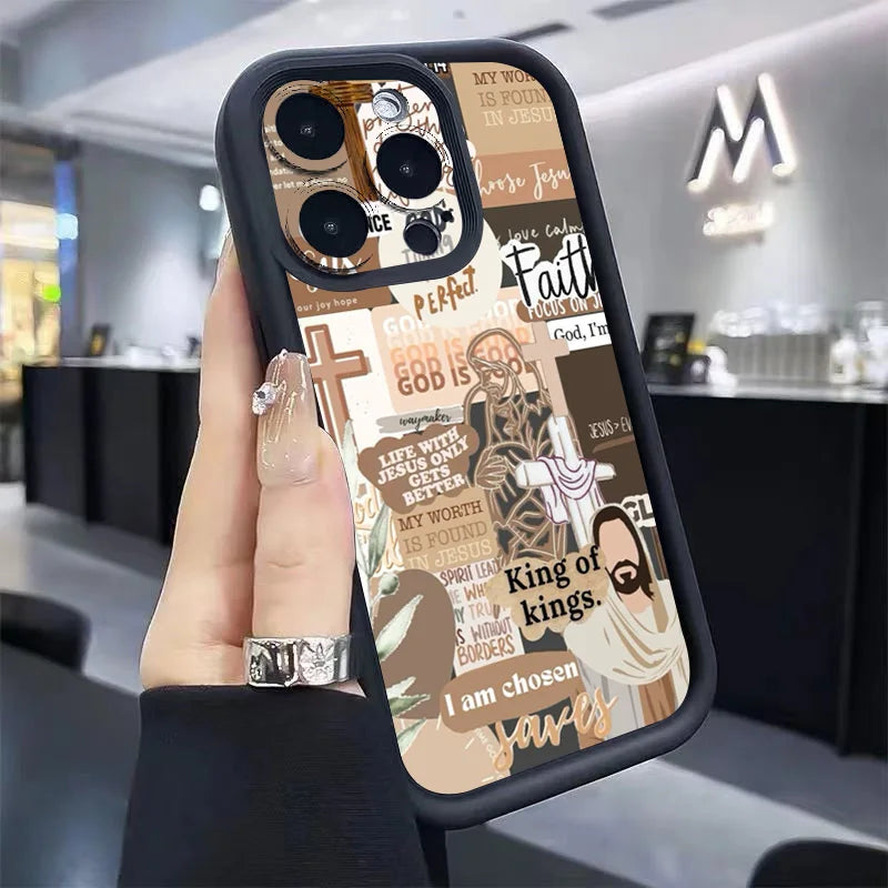 Jesus Cross Embroidery Pattern Phone Case For iPhone 16 Pro Max 15 14 13 12 11 XS X XR 16 Plus SE 2022 Shockproof Soft Cover