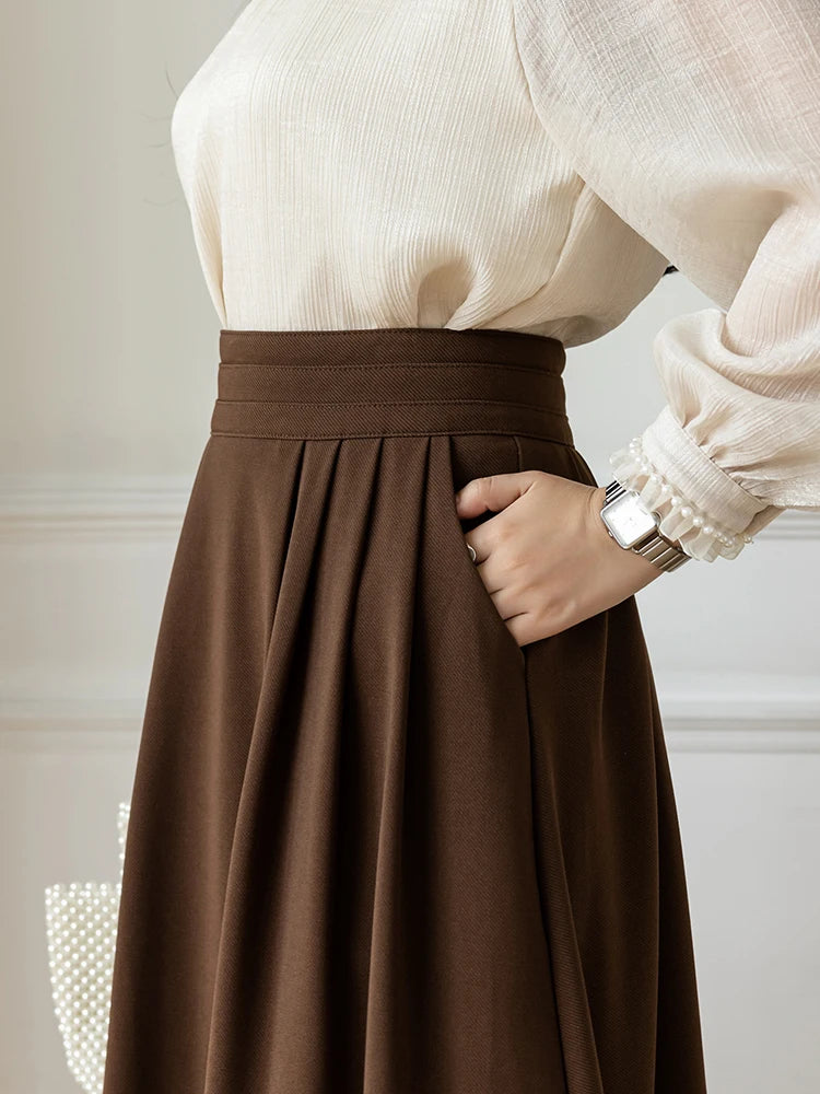 High Waist Coffee Casual Midi Skirt For Women Elegant Fashion Loose Formal OL Wear Long Skirts Lady