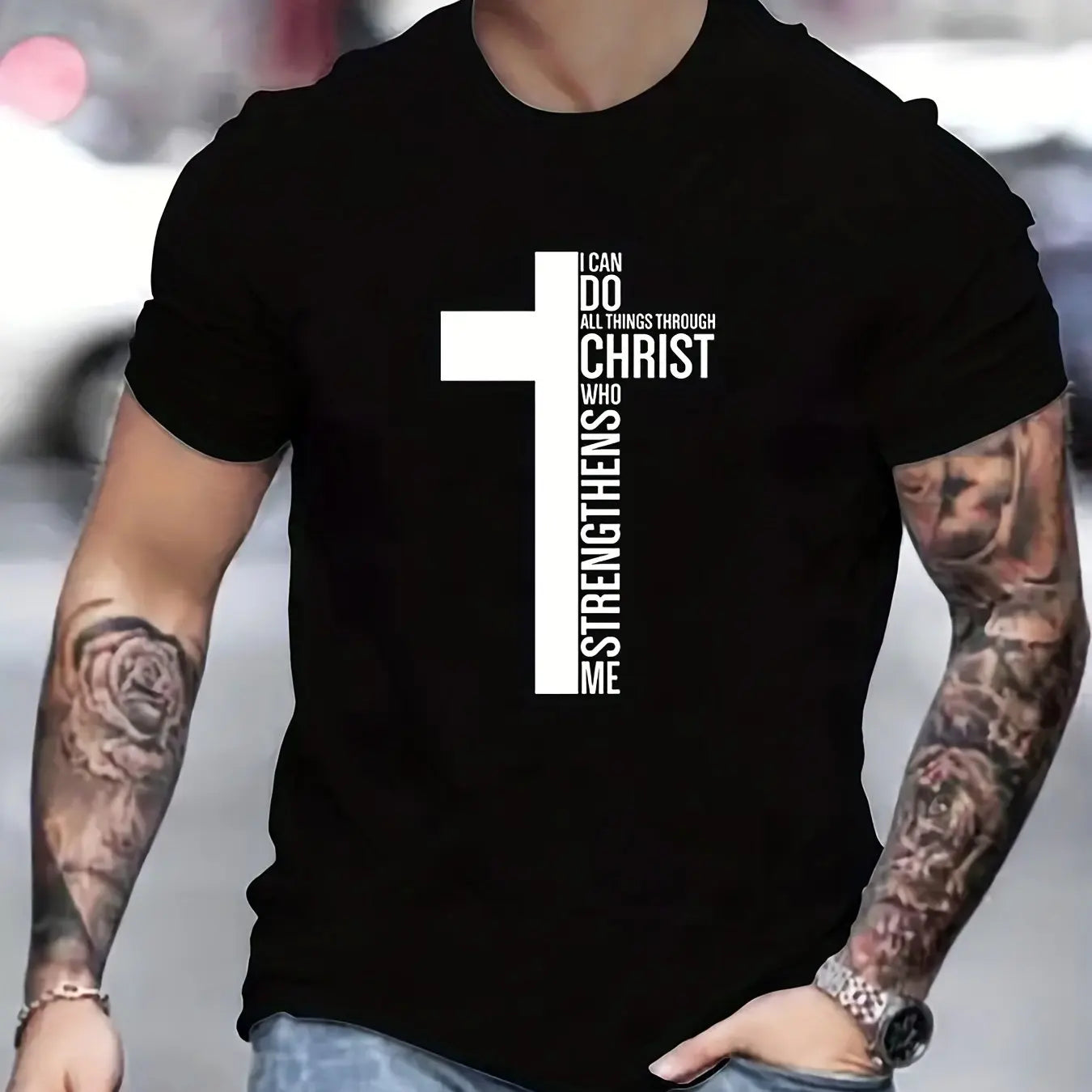 Men's 100% Cotton T-Shirt, Graphic Cross Print, Tall, Oversized, Casual, Round Neck, Short Sleeve