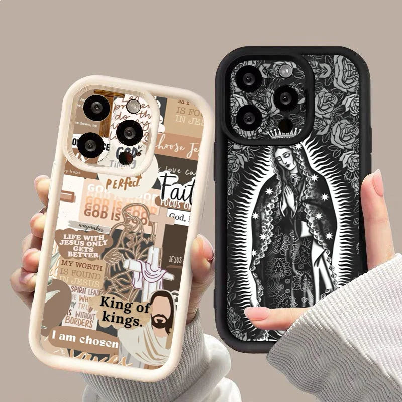 Jesus Cross Embroidery Pattern Phone Case For iPhone 16 Pro Max 15 14 13 12 11 XS X XR 16 Plus SE 2022 Shockproof Soft Cover