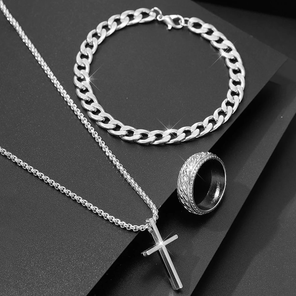 Men's 3pcs Fashion Alloy Jewelry Set - Cross Pendant Necklace, Bracelet & Ring Combo