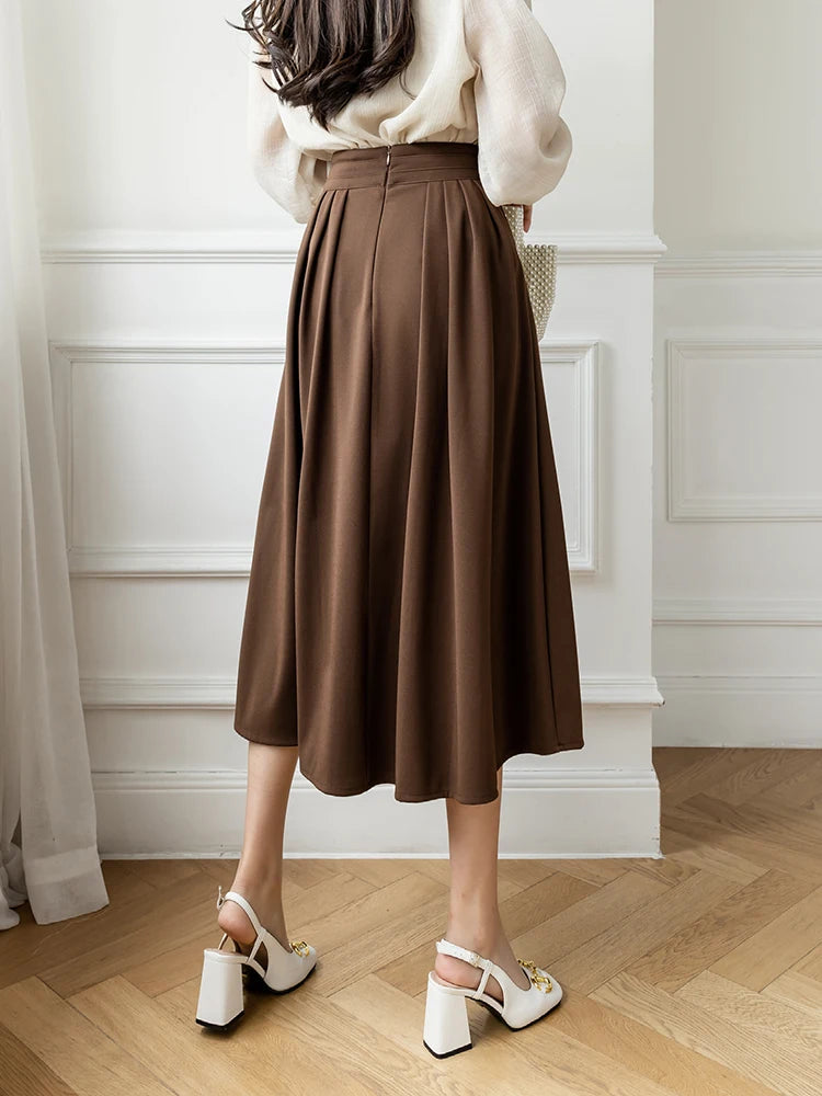 High Waist Coffee Casual Midi Skirt For Women Elegant Fashion Loose Formal OL Wear Long Skirts Lady