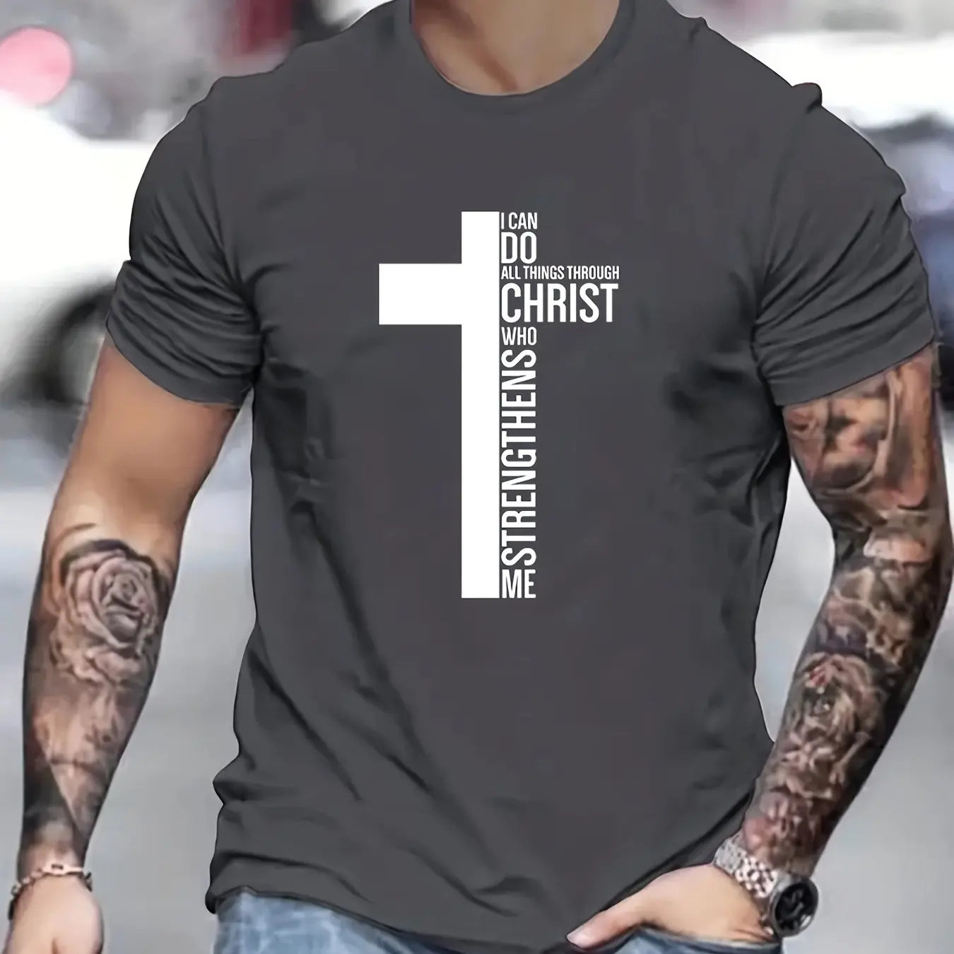 Men's 100% Cotton T-Shirt, Graphic Cross Print, Tall, Oversized, Casual, Round Neck, Short Sleeve