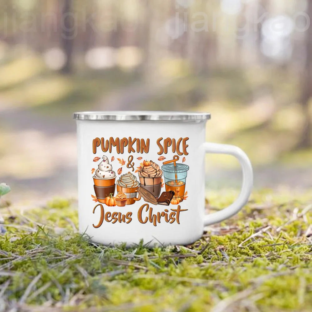 Pumpkin Spice Jesus Christ Print Enamel Mug Thanksgiving Camping Mug Gift for Family  Friends Autumn Home Decor Fall Coffee Cup