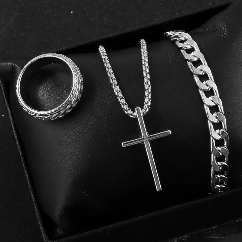 Punk Cross Pendant Necklace Bracelet Chain Ring Men's Set Simple Personality Three Piece Jewelry Accessories