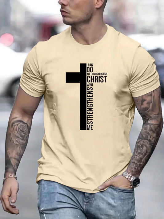 Men's 100% Cotton T-Shirt, Graphic Cross Print, Tall, Oversized, Casual, Round Neck, Short Sleeve