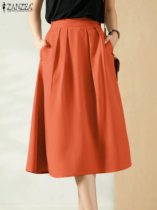 ZANZEA Elegant Office Church Skirt Women High Waist Solid Midi Dresses Party Sundress Robe Femme Elegante.