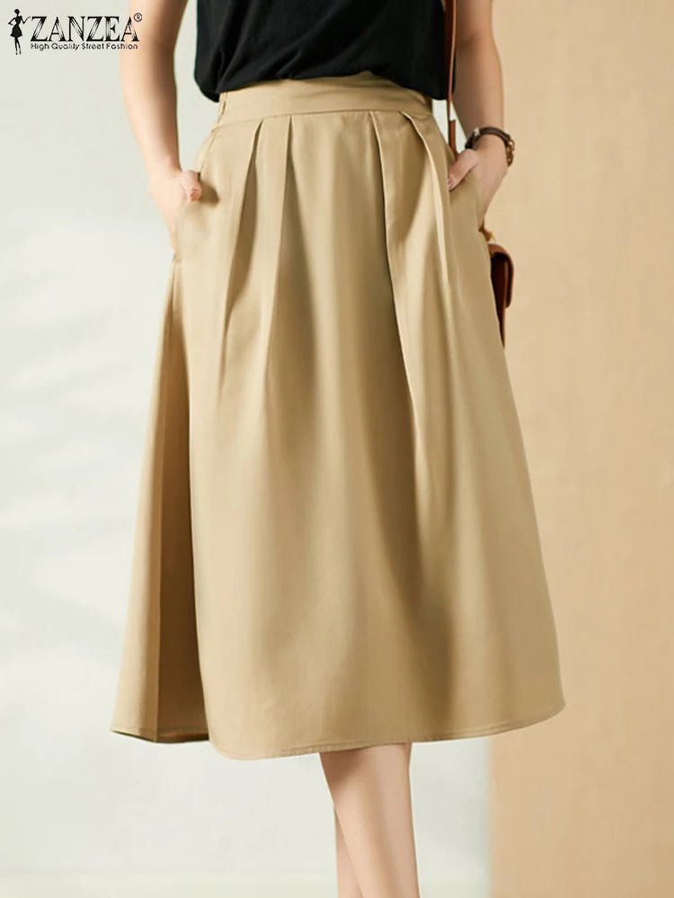 ZANZEA Elegant Office Church Skirt Women High Waist Solid Midi Dresses Party Sundress Robe Femme Elegante.