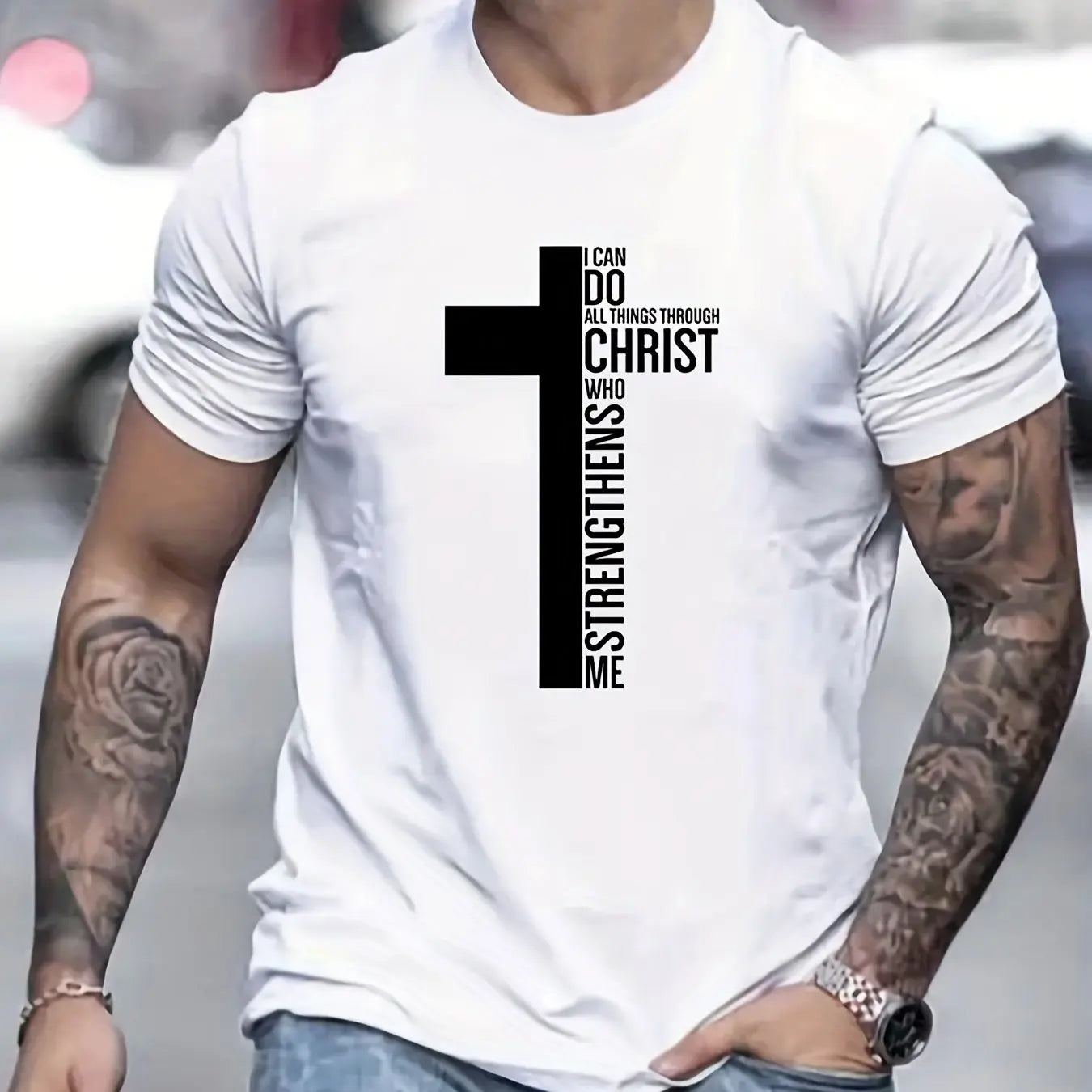 Men's 100% Cotton T-Shirt, Graphic Cross Print, Tall, Oversized, Casual, Round Neck, Short Sleeve