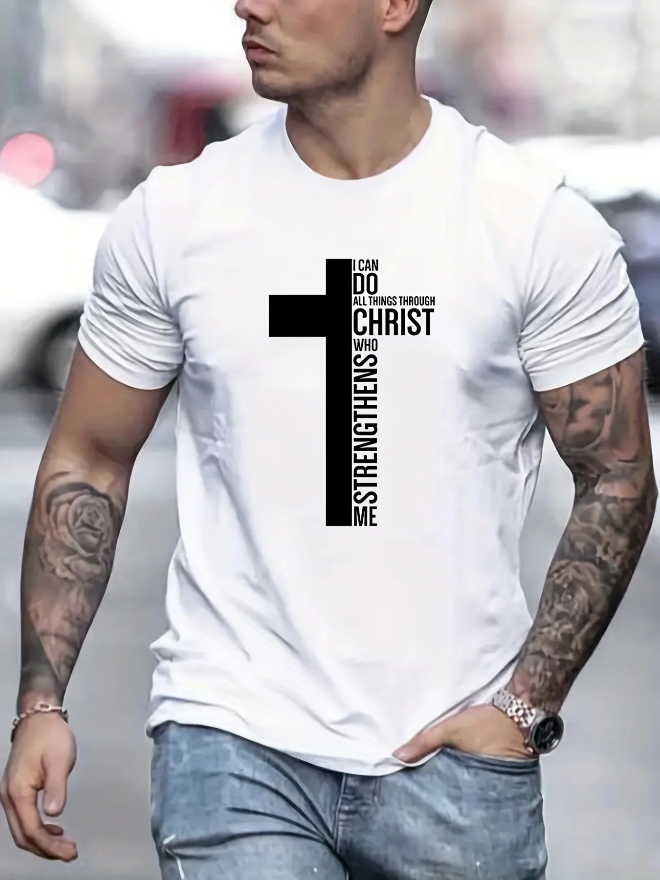 Men's 100% Cotton T-Shirt, Graphic Cross Print, Tall, Oversized, Casual, Round Neck, Short Sleeve