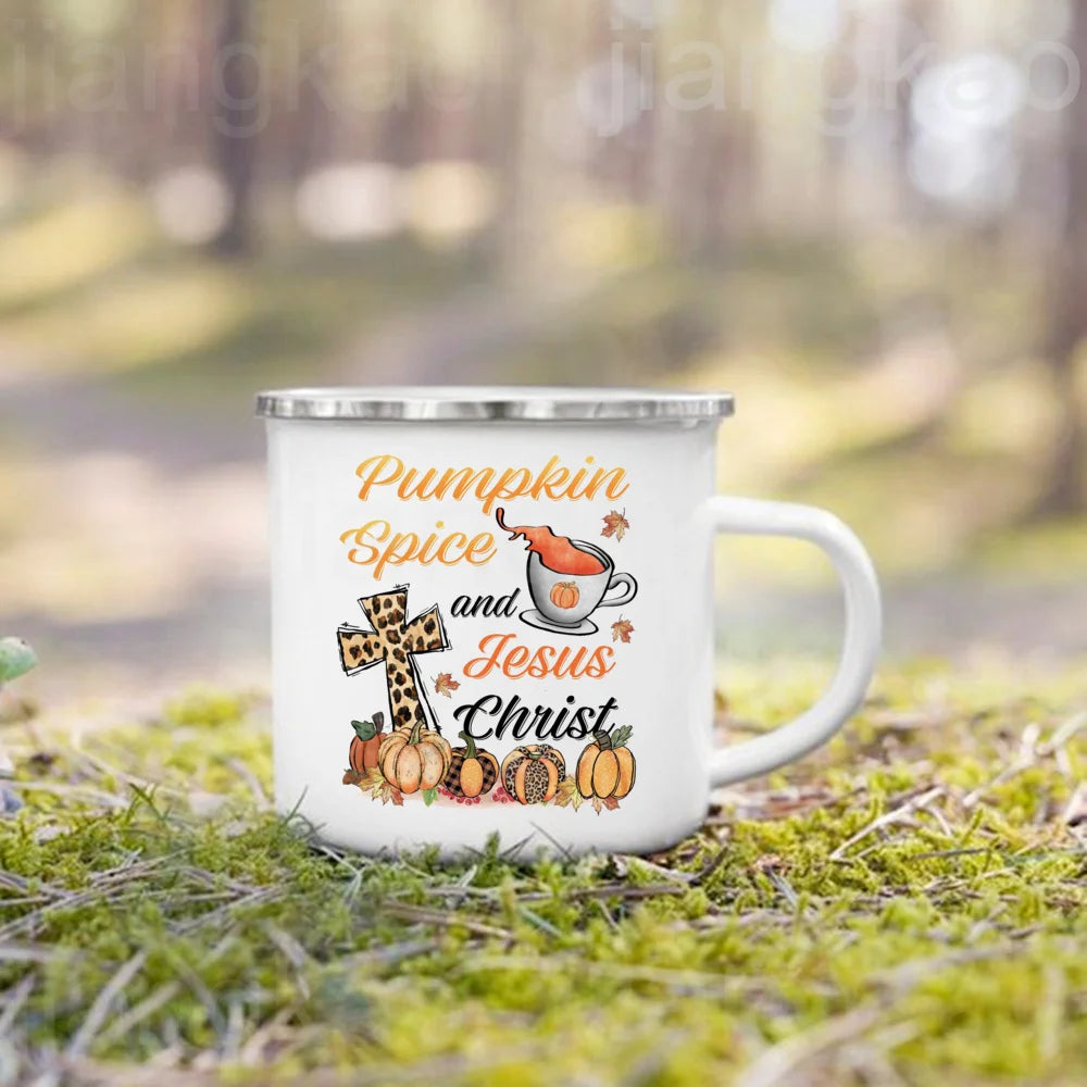 Pumpkin Spice Jesus Christ Print Enamel Mug Thanksgiving Camping Mug Gift for Family  Friends Autumn Home Decor Fall Coffee Cup