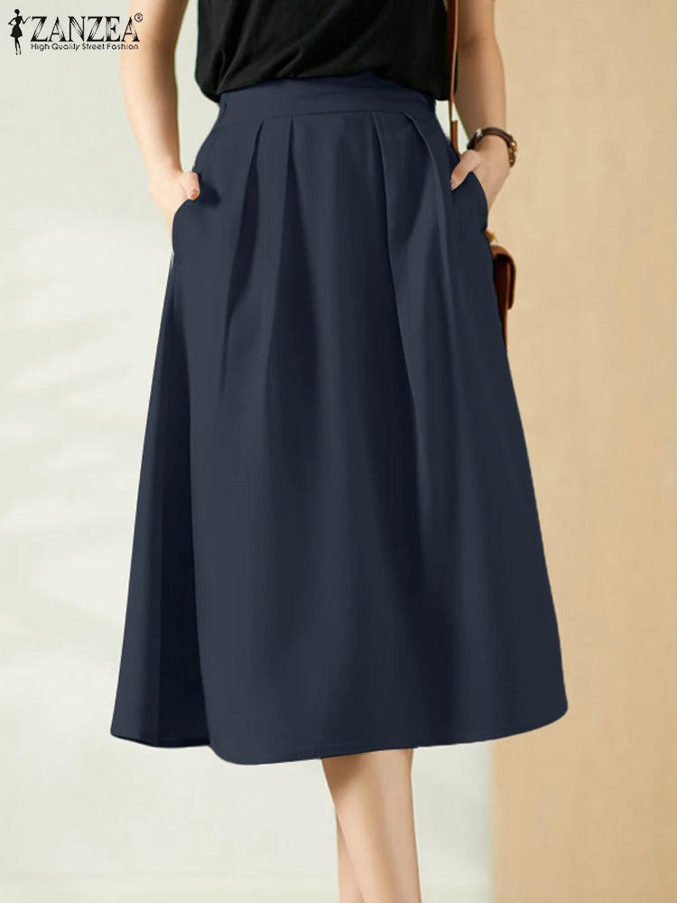 ZANZEA Elegant Office Church Skirt Women High Waist Solid Midi Dresses Party Sundress Robe Femme Elegante.