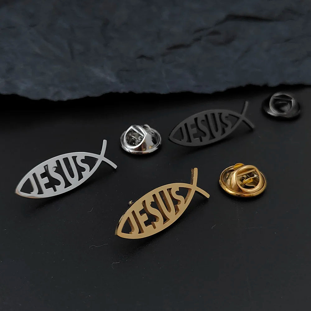 Jesus Fish Pins Lapel Brooch Sweater Shirt Accessories Gifts Silver Color Cartoon Women Kids Jewelry Friends