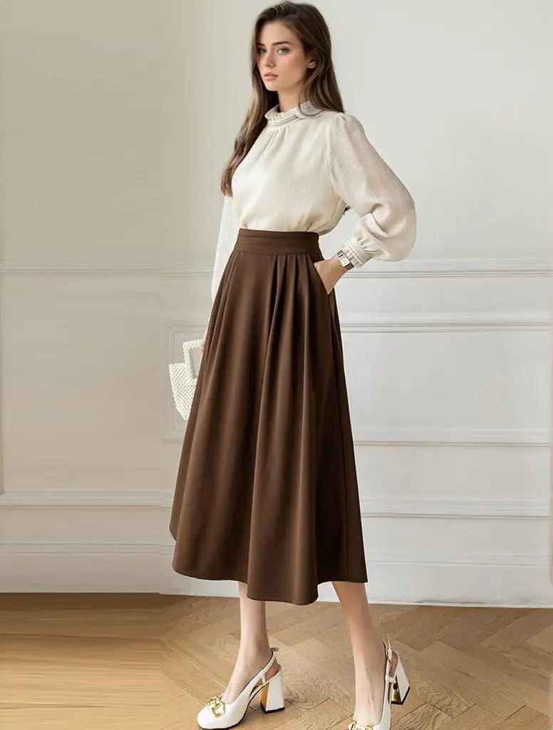 High Waist Coffee Casual Midi Skirt For Women Elegant Fashion Loose Formal OL Wear Long Skirts Lady