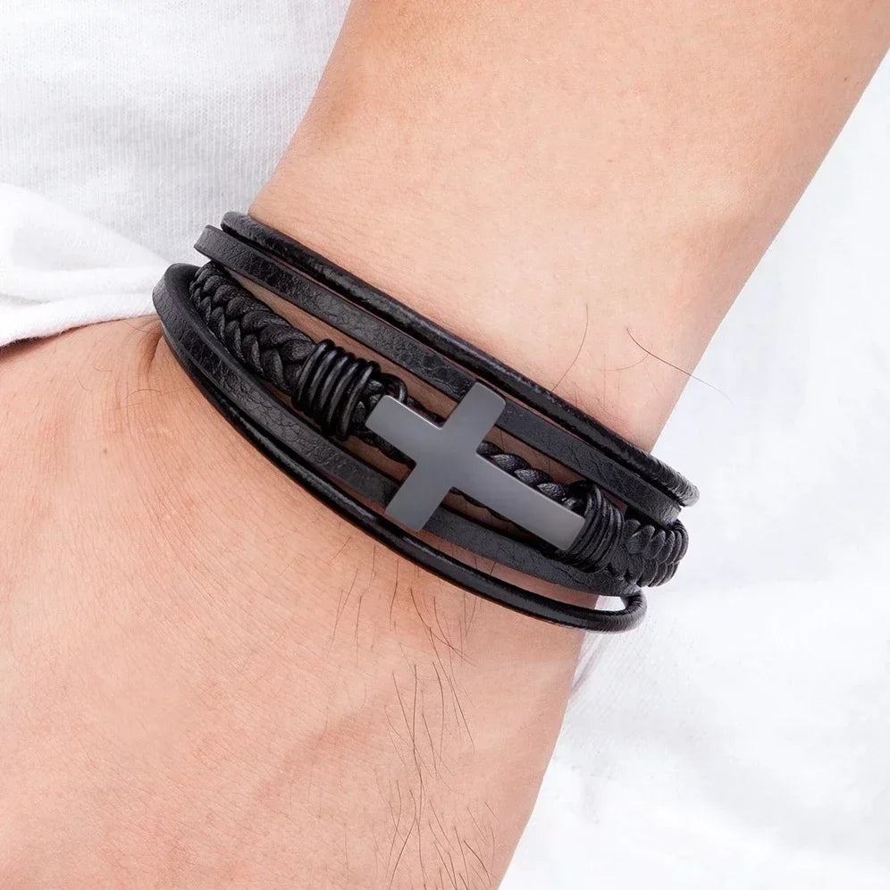 Luxury Multicolor Cross Design Classic Stainless Steel Men's Leather Bracelet 19/21/23cm Choose Handsome Gifts