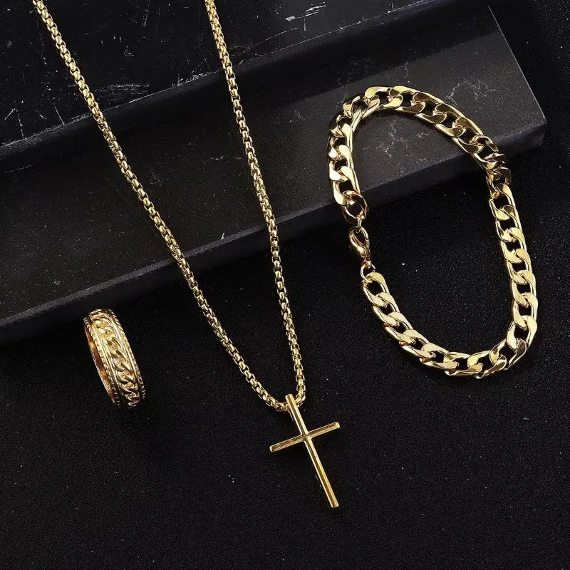 Punk Cross Pendant Necklace Bracelet Chain Ring Men's Set Simple Personality Three Piece Jewelry Accessories