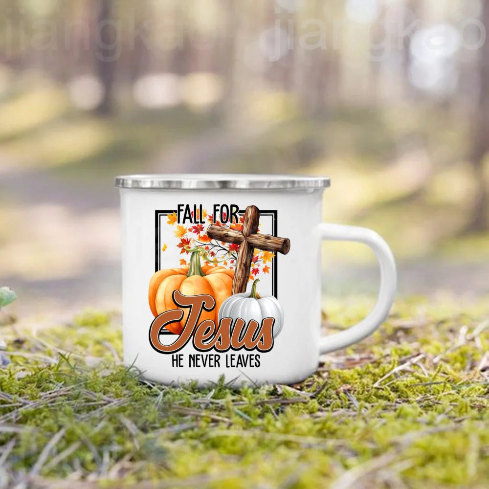 Pumpkin Spice Jesus Christ Print Enamel Mug Thanksgiving Camping Mug Gift for Family  Friends Autumn Home Decor Fall Coffee Cup