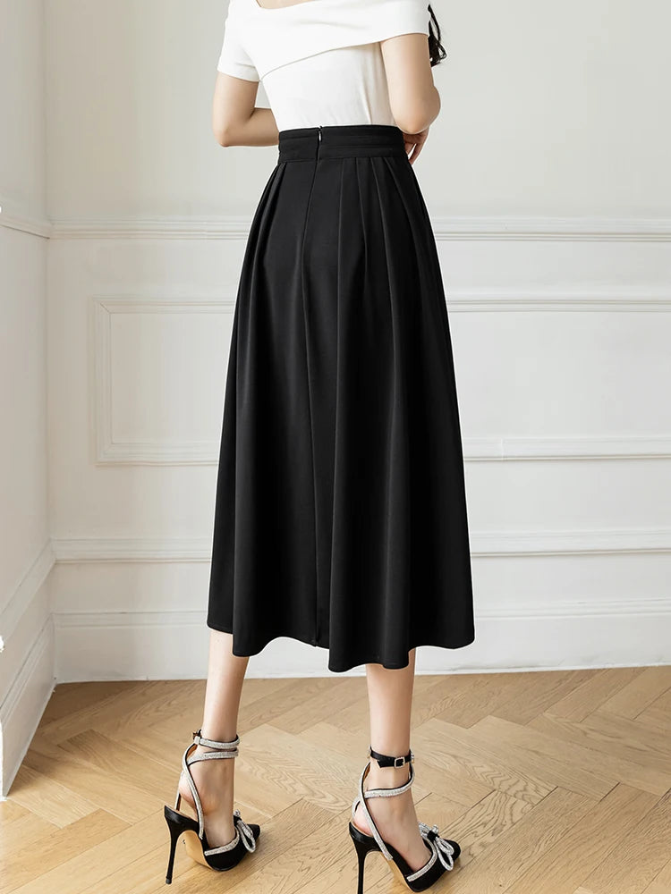 High Waist Coffee Casual Midi Skirt For Women Elegant Fashion Loose Formal OL Wear Long Skirts Lady