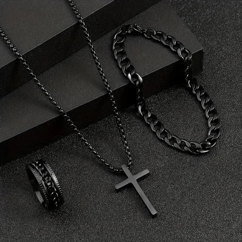 Punk Cross Pendant Necklace Bracelet Chain Ring Men's Set Simple Personality Three Piece Jewelry Accessories