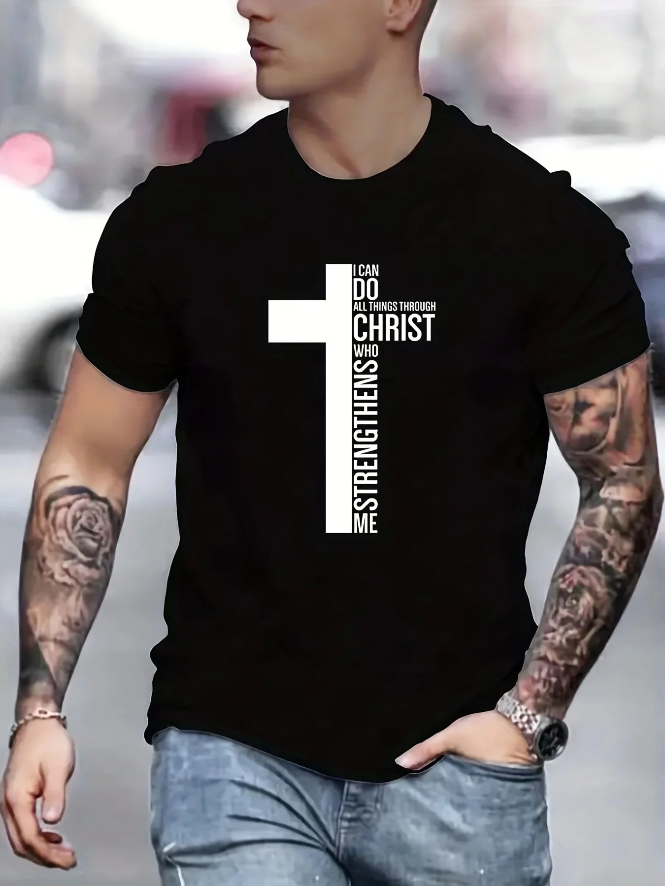 Men's 100% Cotton T-Shirt, Graphic Cross Print, Tall, Oversized, Casual, Round Neck, Short Sleeve